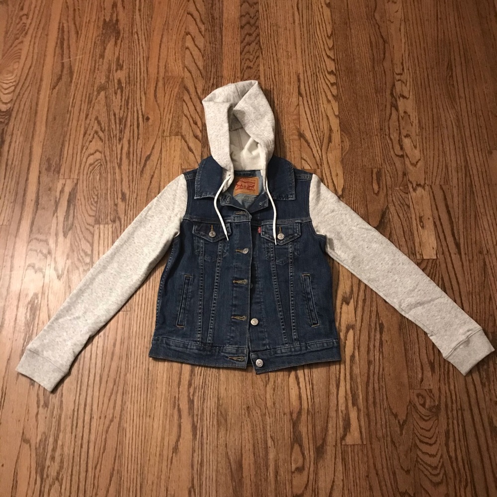 Levi’s Jean jacket, sweatshirt sleeves and hood.